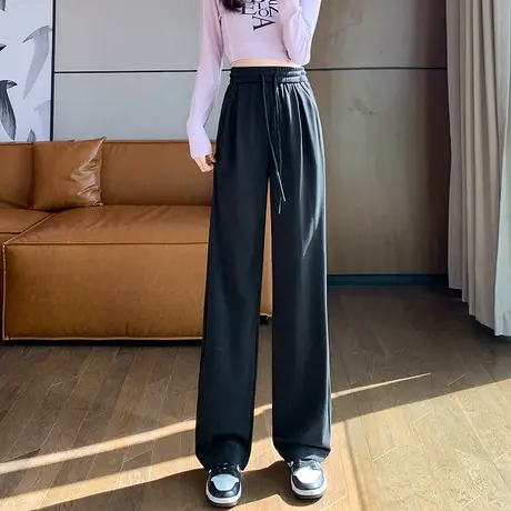 黑色铜氨丝窄版阔腿裤女春秋新款高腰垂感宽松显瘦休闲直筒拖地裤商品大图