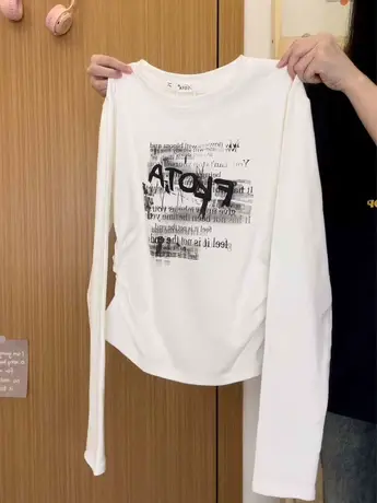 红续涂鸦发泡字母收腰长袖T恤女日系甜酷风白色内搭上衣秋冬新款商品大图