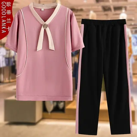 中年妈妈夏装休闲套装2025新款大码时尚撞色短袖洋气运动服两件套图片