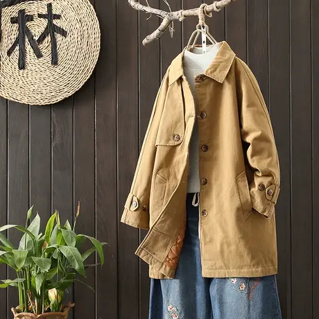 枫谜21年冬季新款文艺韩版夹棉中长款风衣女宽松休闲加大衣厚外套图片