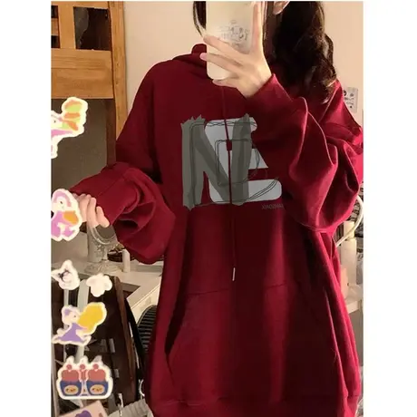 美式复古hiphop潮牌卫衣女2023春秋薄款宽松慵懒风连帽小个子外套商品大图