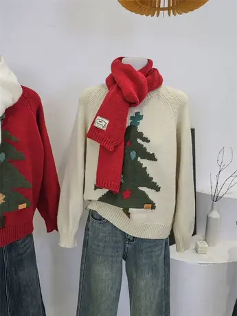 圣诞树提花圆领套头毛衣女秋冬新款内搭宽松软糯加厚外搭针织上衣图片