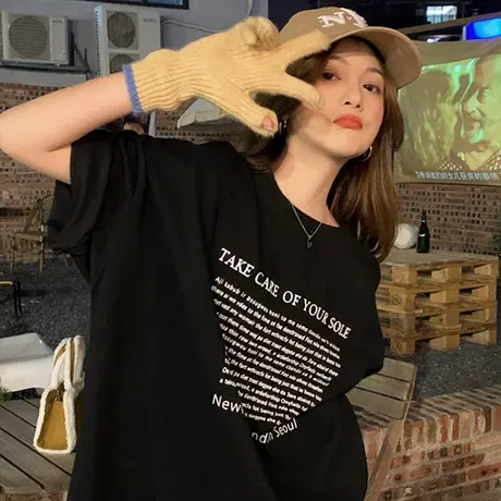 大码美式街头ins复古T恤女夏季情侣宽松oversize国潮嘻哈短袖上衣商品大图