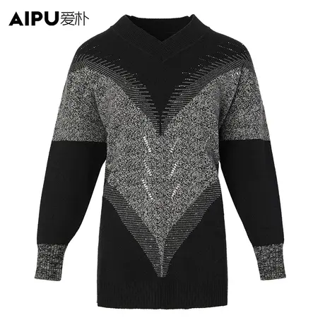 爱朴大码女装冬季新款内搭微胖mm时尚V领加厚百搭中长款毛织上衣图片