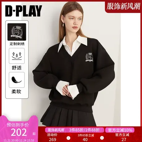 DPLAY2025春季黑色学院风宽松上衣撞色女外套卫衣假两件外套图片