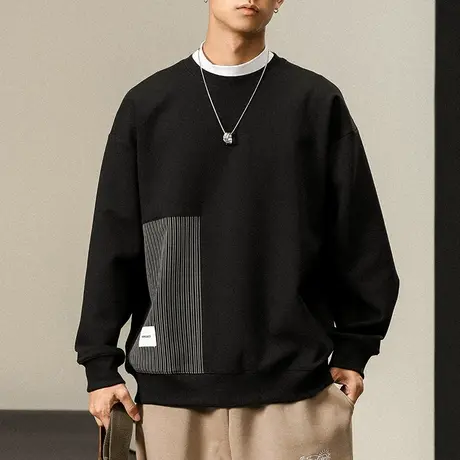 秋冬款百搭卫衣空心离拼色小贴标帅气卫衣圆领时尚大码潮流卫衣图片