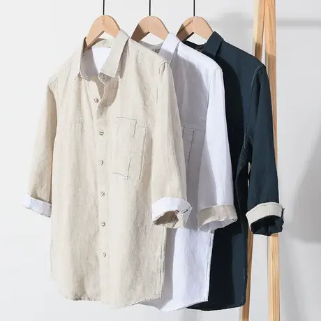 萨法瑞亚麻衬衫男七分袖夏季薄款大码宽松翻领透气棉麻休闲衬衣男商品大图