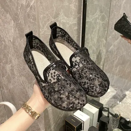 单鞋女2024年新款春夏平底蕾丝网面镂空透气软底一脚蹬懒人豆豆鞋商品大图