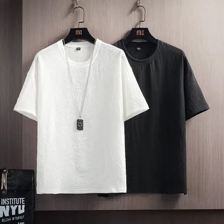 亚麻感短袖T恤男士体恤衫宽松冰丝上衣夏季薄款潮流男装白色衣服图片