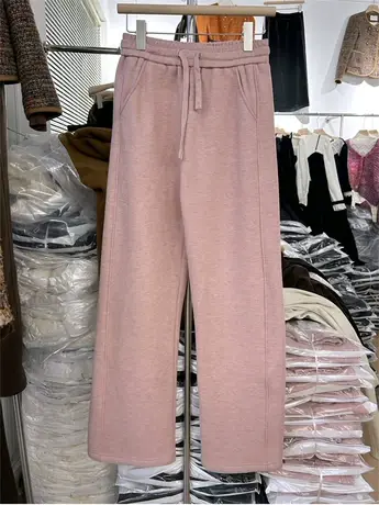 2023秋冬新款抽绳松紧高腰窄版阔腿裤休闲显瘦加厚加绒直筒长裤女商品大图