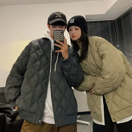 立领菱形格春秋季棉衣男oversize宽松潮流排扣开衫情侣棉袄子外套商品大图
