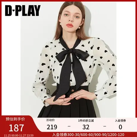DPLAY2023秋装新法式优雅杏底黑爱心蝴蝶结系带泡泡袖衬衫上衣女商品大图