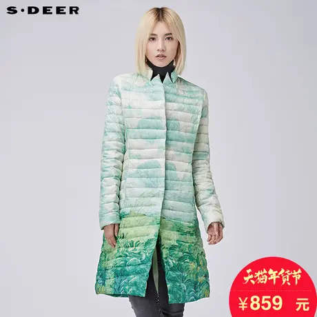 sdeer圣迪奥2018冬装绿意印花中长款轻薄羽绒服女外套薄S16482455图片