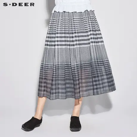 sdeer圣迪奥2018新款女装夏装甜美撞色格纹大摆半身长裙S18281121📕图片