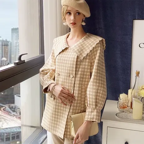 【直播】粉红大布娃娃俏皮娃娃领千鸟格双面呢大衣图片