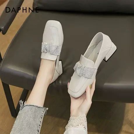 达芙妮女鞋2022新款一脚蹬乐福鞋方头粗跟小皮鞋水钻软皮低跟单鞋图片