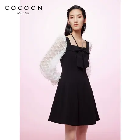 商场同款2023春新款蝴蝶结装饰异材质拼接层次感连衣裙女图片