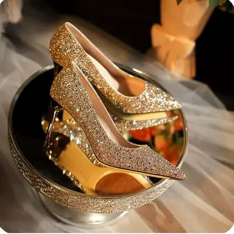 2024秋冬季新款单鞋尖头高跟公主细跟性感银色亮片浅口年会气质鞋商品大图