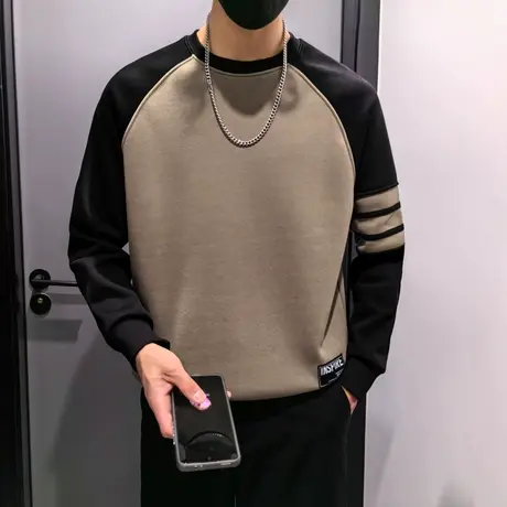 美式拼色条纹加绒卫衣t恤男秋冬2023轻熟休闲加厚插肩袖打底上衣商品大图