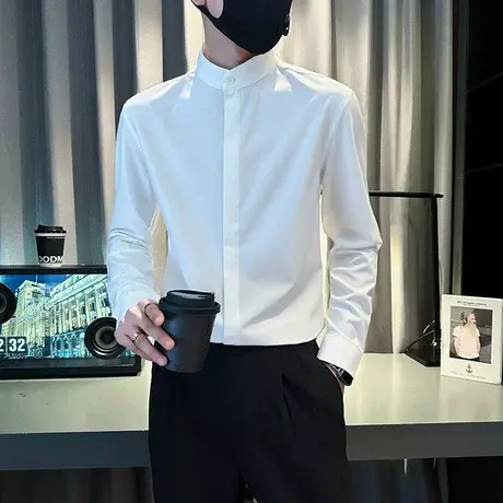 春秋季纯色休闲立领长袖衬衫男修身百搭高级感上衣发型师雅痞衬衣图片