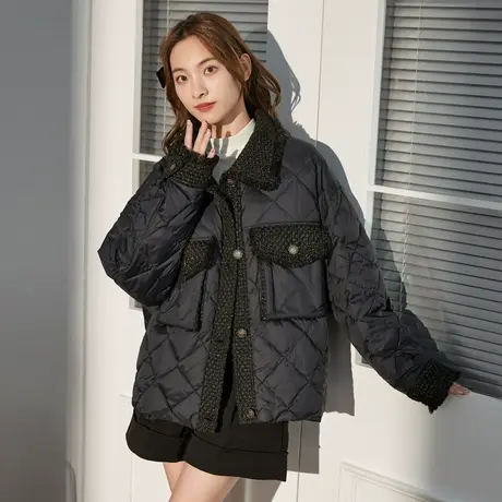 唐狮轻薄羽绒服女冬季新款小香风黑色菱格纹羽绒服保暖厚外套潮图片