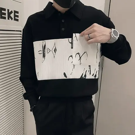 重磅潮牌印花拼接高级感男POLO领卫衣个性春秋季长袖T恤休闲上衣商品大图