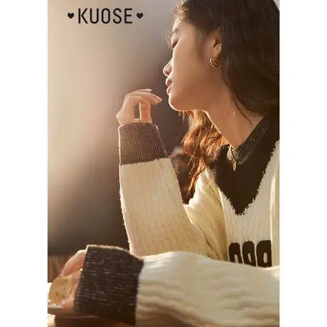 阔色学院风黑白拼色数字毛衣女2023秋冬新款圆领设计感针织衫商品大图