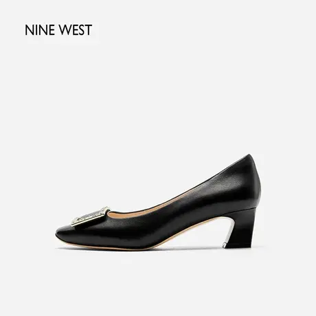 Nine West/玖熙简约方扣单鞋2024年春季新款羊皮中跟职业通勤女鞋图片