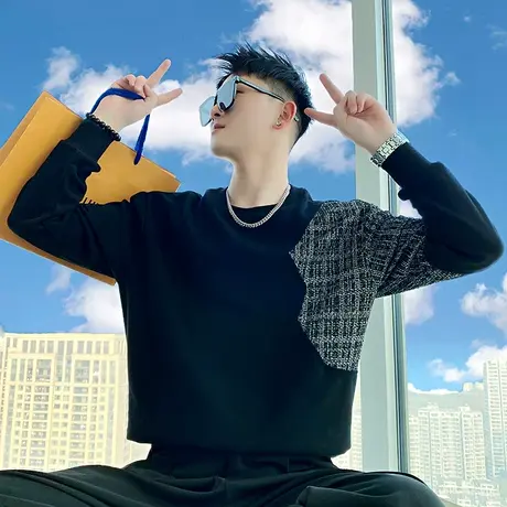 卫衣男春季2024新款潮牌拼接上衣高级感时尚宽松痞帅长袖打底T恤图片