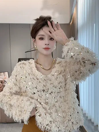 氛围感亮片毛衣女装春秋2023新款设计感小众重工宽松外穿长袖上衣商品大图