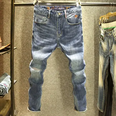 高端水洗耐磨男士牛仔裤弹力修身小脚裤潮牌复古2024新款裤子男装商品大图