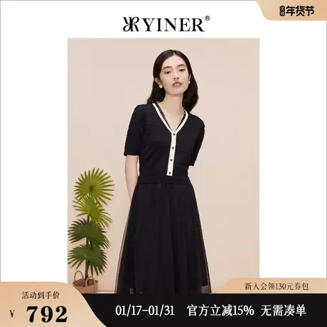 YINER音儿专选女装夏季法式优雅V领小黑裙木耳边网纱连衣裙商品大图