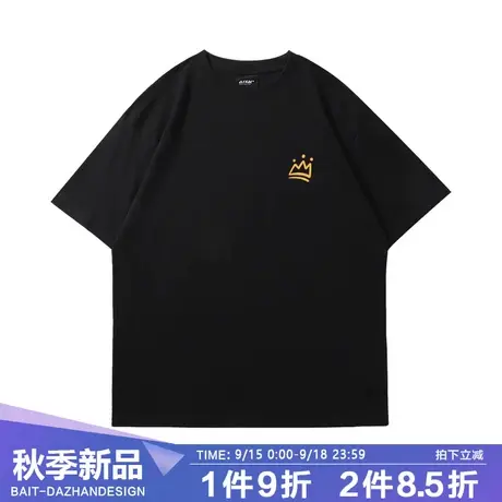 2023新款显瘦黑色半袖流行潮牌皇冠情侣大码短袖T恤男女同款夏季商品大图