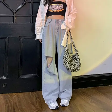 高腰破洞裤女夏季新款学生百搭宽松直筒垂感拖地阔腿牛仔裤ins潮图片