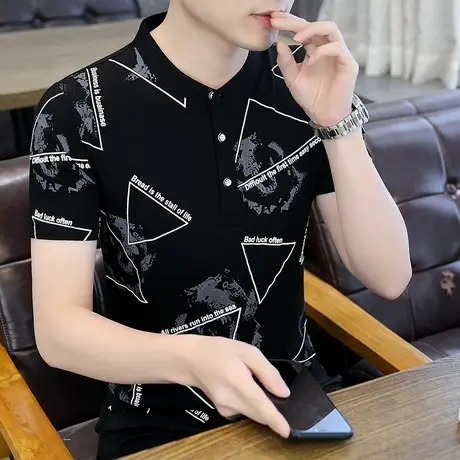 短袖T恤男立领polo衫休闲薄款宽松学生百搭ins潮流印花半袖打底衫商品大图