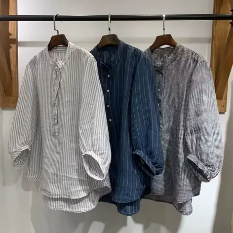 享永子【条纹控】中长款立领套头亚麻衬衫女文艺复古上衣春夏新款图片