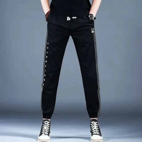 男士新款休闲卫裤简约黑色腰围系带松紧束脚裤2024春夏男潮牌百搭商品大图