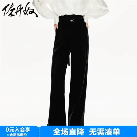 佐丹奴裤子女新款黑色显瘦高腰阔腿裤梭织搭扣腰带休闲裤18413922商品大图
