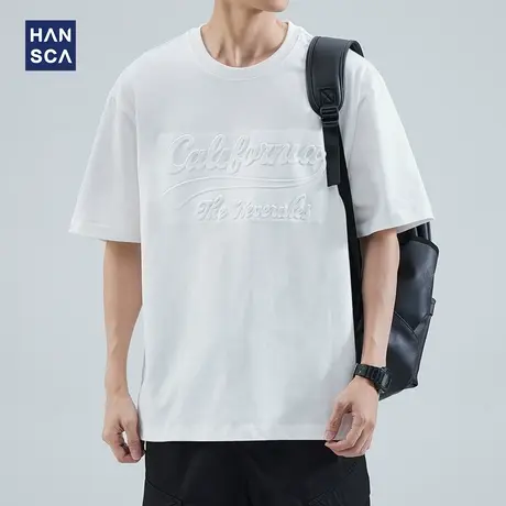 hansca 白色纯棉短袖t恤男夏季美式重磅宽松圆领休闲印花半袖上衣商品大图