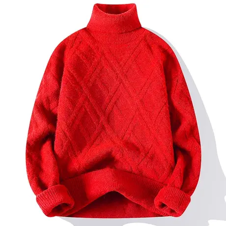 可翻高领毛衣男本命年大红色针织衫冬季加厚打底衫毛线衣帅气男装图片
