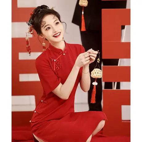 红色旗袍敬酒服2024新款新娘小个子短款订婚礼服女平时可穿新中式商品大图
