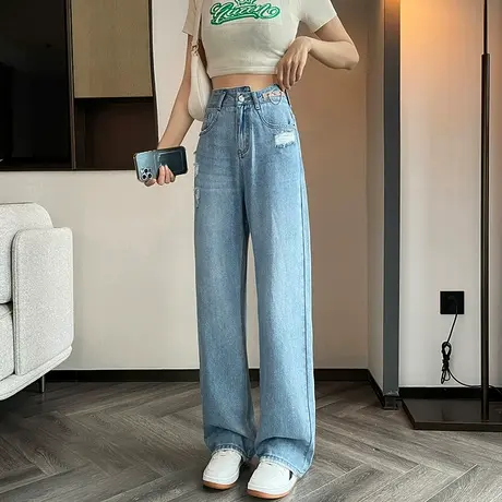 浅色破洞牛仔裤女2024新款春夏薄款高低错腰直筒宽松显瘦拖地长裤商品大图