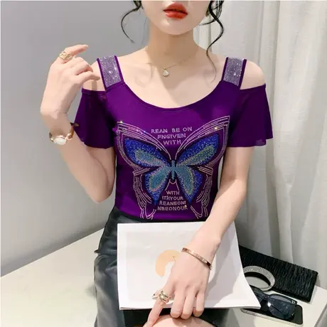 时尚重工烫钻T恤女短袖性感一字领双层冰丝网纱上衣紧身气质小衫商品大图