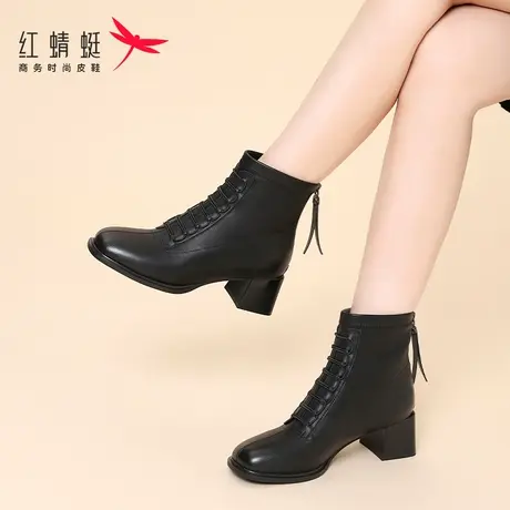 红蜻蜓冬季薄绒靴子复古英伦小香风马丁靴女2023新款加绒中帮短靴商品大图