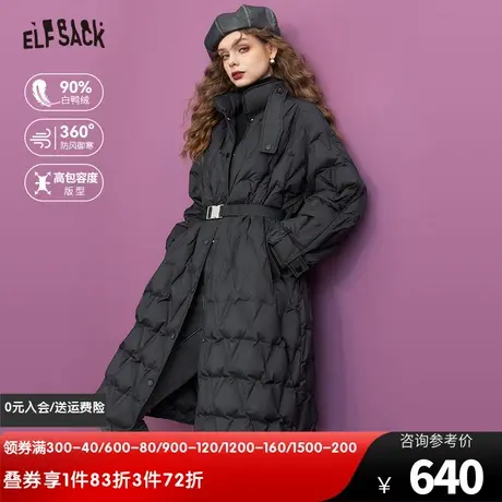 妖精的口袋中长款复古菱格羽绒服外套女2023冬季新款宽松黑色外套图片
