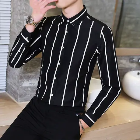 黑白条纹休闲衬衫男士长袖夏季英伦风修身衬衣春秋韩版潮流上衣服图片