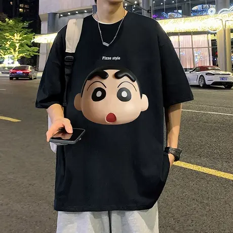 潮流港风短袖T恤男夏季日系宽松上衣男生半袖体恤重磅纯棉打底衫商品大图