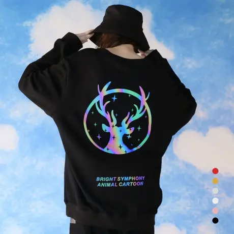 港风星空圣诞小鹿反光图案卫衣女男情侣装纯棉圆领长袖工作服定制商品大图