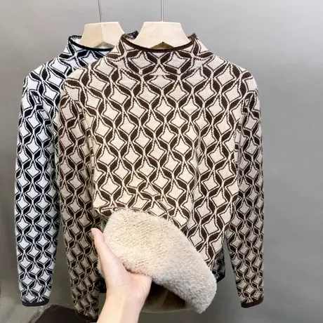 一体绒半高领毛衣女加绒打底衫2023秋冬新款针织衫内搭加厚上衣潮商品大图