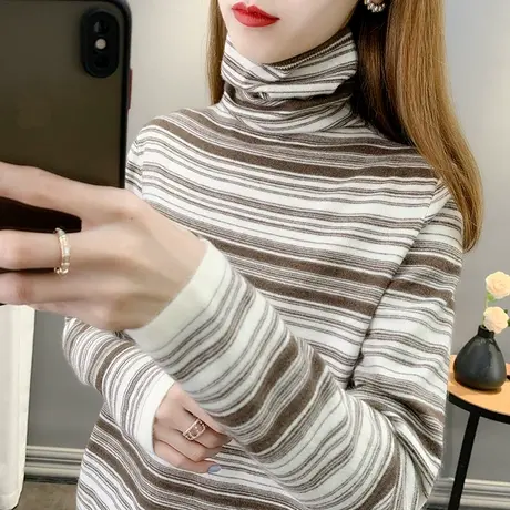 2022秋冬新款条纹高领打底衫女长袖洋气堆堆领针织毛衣内搭上衣女商品大图